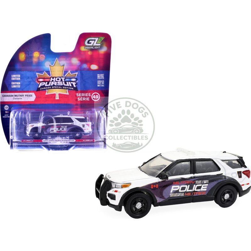 2024 ford police interceptor utility "canada military police" white with graphics "hot pursuit canada special edition" series 1/64 diecast model car by greenlight