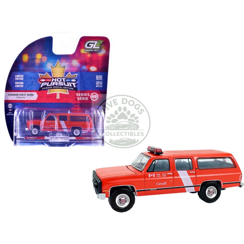 1991 gmc suburban "canada coast guard" red with white stripes "hot pursuit canada special edition" series 1/64 diecast model car by greenlight