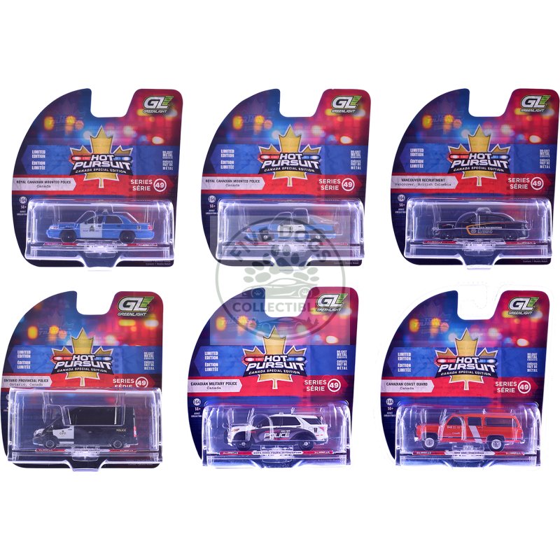 "hot pursuit canada special edition" set of 6 police cars 1/64 diecast model cars by greenlight