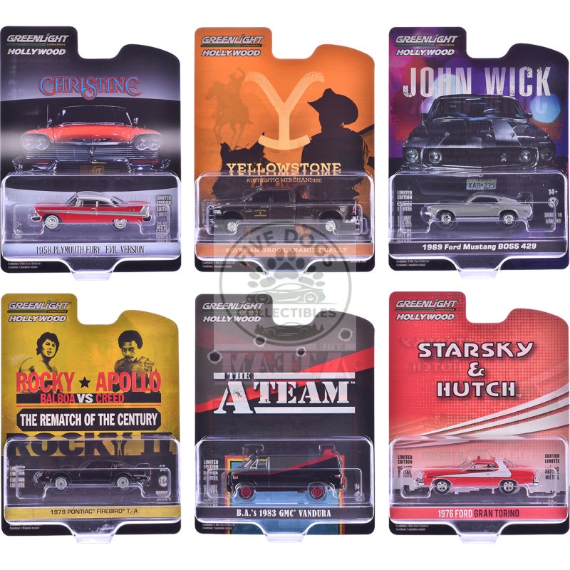 "hollywood greatest hits" (2024) set of 6 pieces 1/64 diecast model cars by greenlight
