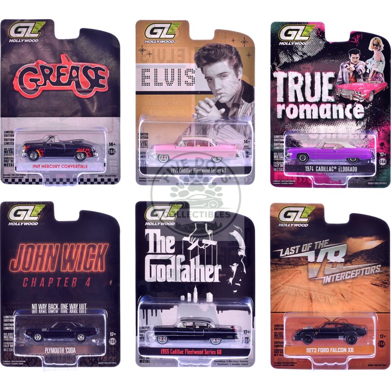"hollywood greatest hits" (2025) set of 6 pieces 1/64 diecast model cars by greenlight