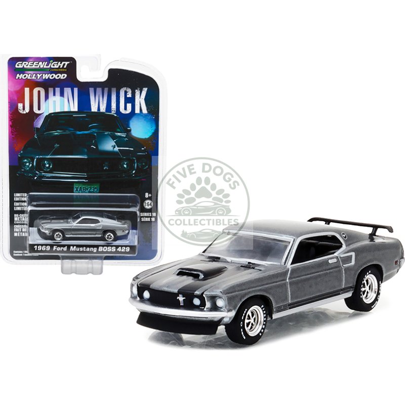 1969 ford mustang boss 429 gray metallic with black stripes "john wick" (2014) movie "hollywood series" release 18 1/64 diecast model car by greenlight
