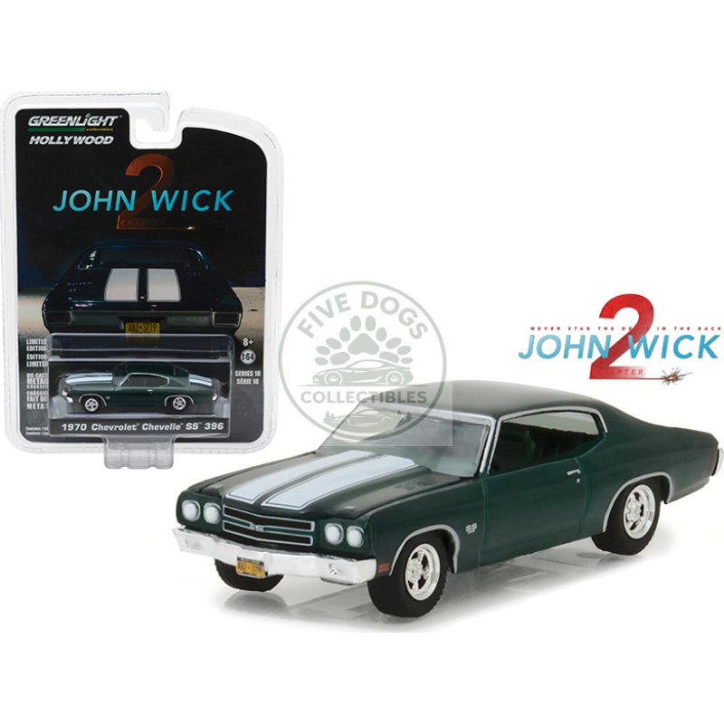 1970 chevrolet chevelle ss 396 green with white stripes "john wick: chapter 2" (2017) movie "hollywood series" release 18 1/64 diecast model car by greenlight
