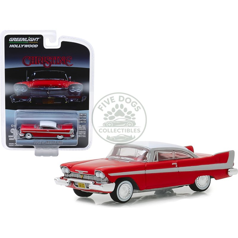 1958 plymouth fury red with white top "christine" (1983) movie "hollywood series" release 23 1/64 diecast model car by greenlight