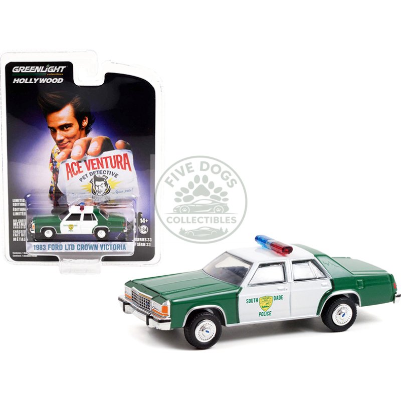 1983 ford ltd crown victoria green and white "miami dade police department" "ace ventura: pet detective" (1994) movie "hollywood series" release 33 1/64 diecast model car by greenlight