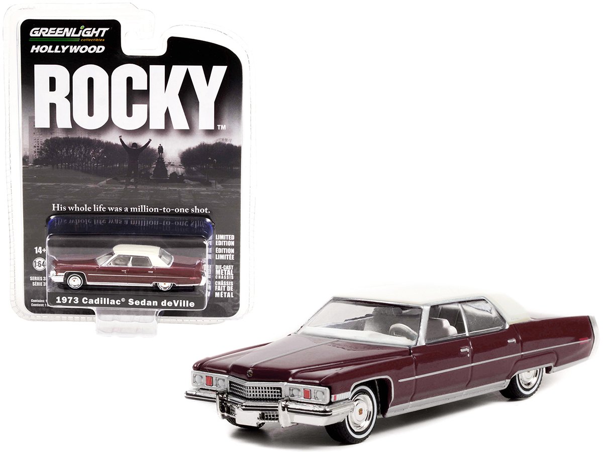 1973 cadillac sedan deville burgundy with white top "rocky" (1976) movie "hollywood series" release 35 1/64 diecast model car by greenlight 1973 cadillac sedan deville burgundy with white top "rocky" (1976) movie "hollywood series" release 35 1/64 diecast model car by greenlight