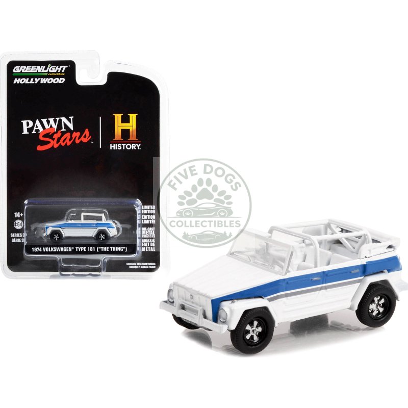 1974 volkswagen thing (type 181) white with blue stripes "pawn stars" (2009 current) tv series "hollywood series" release 37 1/64 diecast model car by greenlight