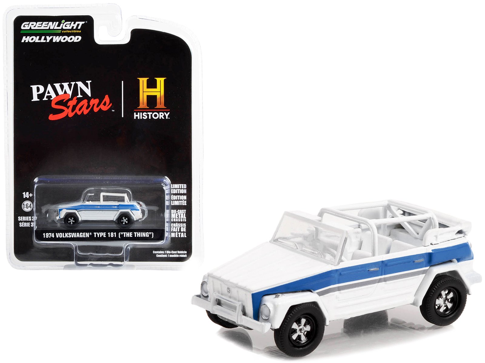 1974 volkswagen thing (type 181) white with blue stripes "pawn stars" (2009 current) tv series "hollywood series" release 37 1/64 diecast model car by greenlight 1974 volkswagen thing (type 181) white with blue stripes "pawn stars" (2009 current) tv series "hollywood series" release 37 1/64 diecast model car by greenlight