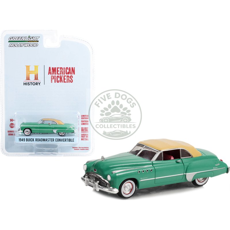 1949 buick roadmaster convertible green with tan soft top "american pickers" (2010 current) tv series "hollywood series" release 37 1/64 diecast model car by greenlight