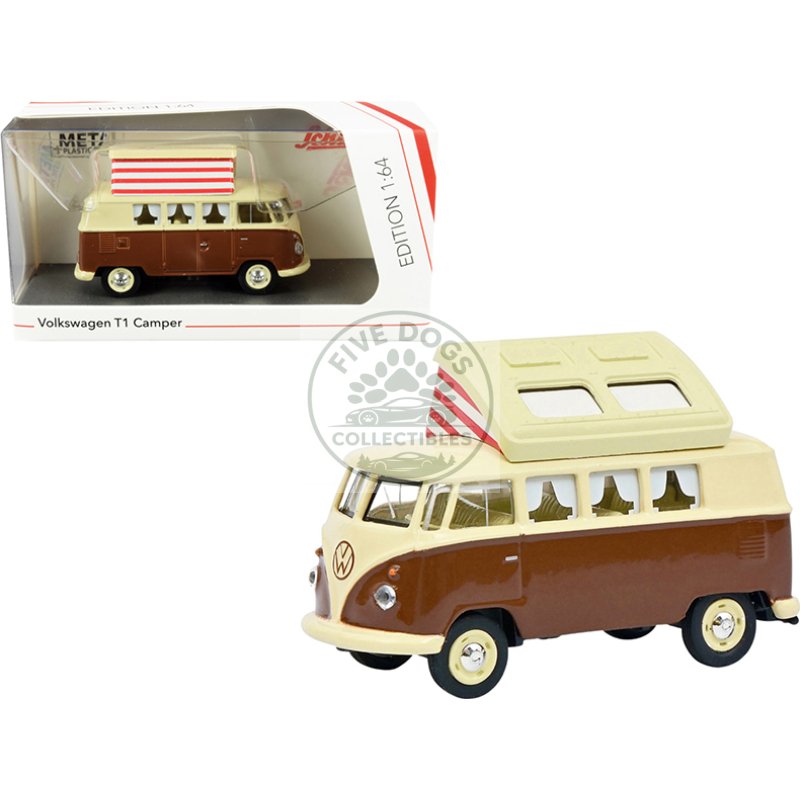 volkswagen t1 camper bus with pop top roof brown and cream 1/64 diecast model by schuco