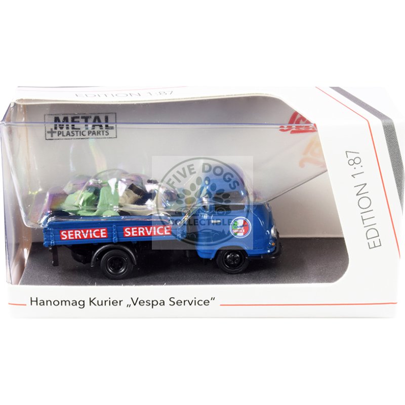 hanomag kurier transporter "vespa service" blue with 2 vespas (green and cream) 1/87 (ho) diecast models by schuco