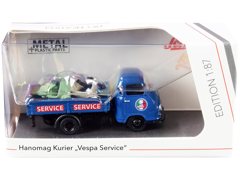 hanomag kurier transporter "vespa service" blue with 2 vespas (green and cream) 1/87 (ho) diecast models by schuco hanomag kurier transporter "vespa service" blue with 2 vespas (green and cream) 1/87 (ho) diecast models by schuco