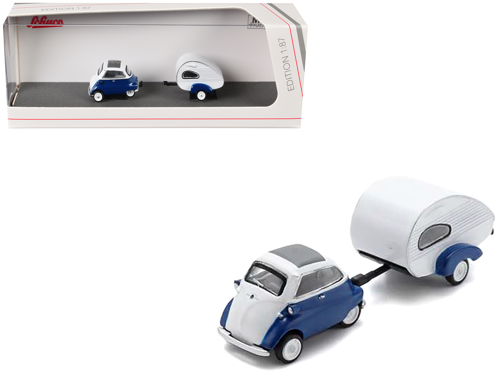 bmw isetta blue and white with home trailer 1/87 (ho) diecast model car by schuco bmw isetta blue and white with home trailer 1/87 (ho) diecast model car by schuco