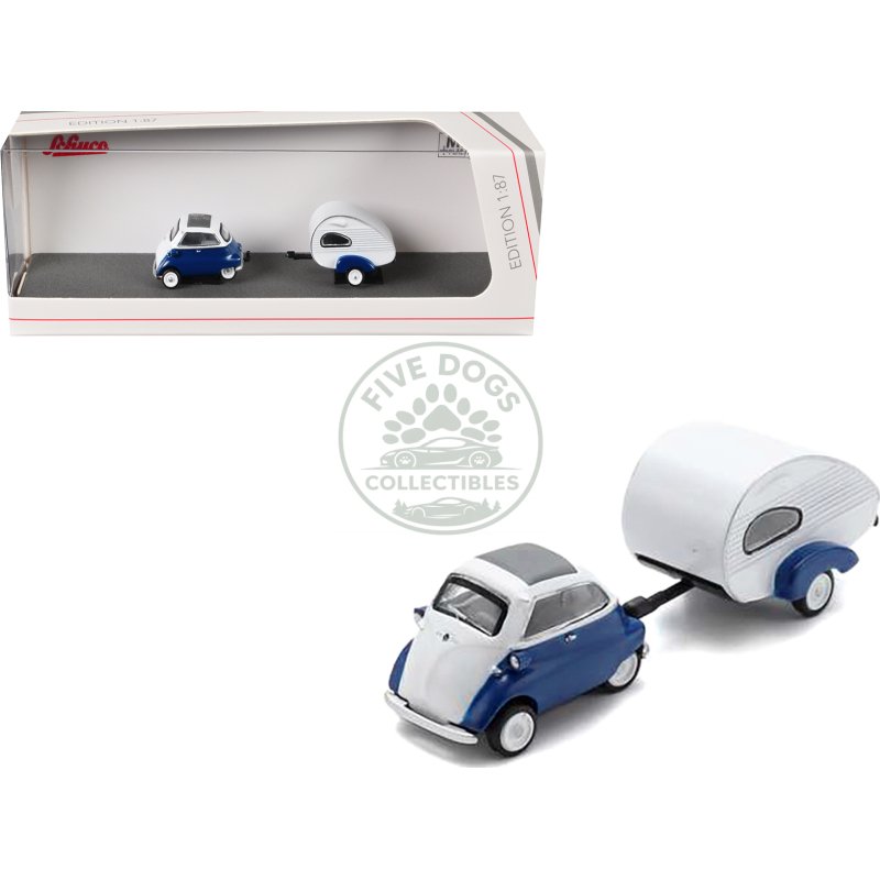 bmw isetta blue and white with home trailer 1/87 (ho) diecast model car by schuco