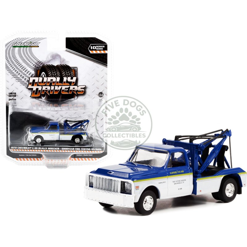 1972 chevrolet c 30 dually wrecker truck white and blue with yellow stripes "goodyear tire testing division" "dually drivers" series 10 1/64 diecast model car by greenlight