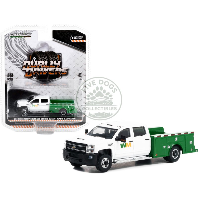 2018 chevrolet silverado 3500hd dually service truck white and green "waste management" "dually drivers" series 10 1/64 diecast model car by greenlight