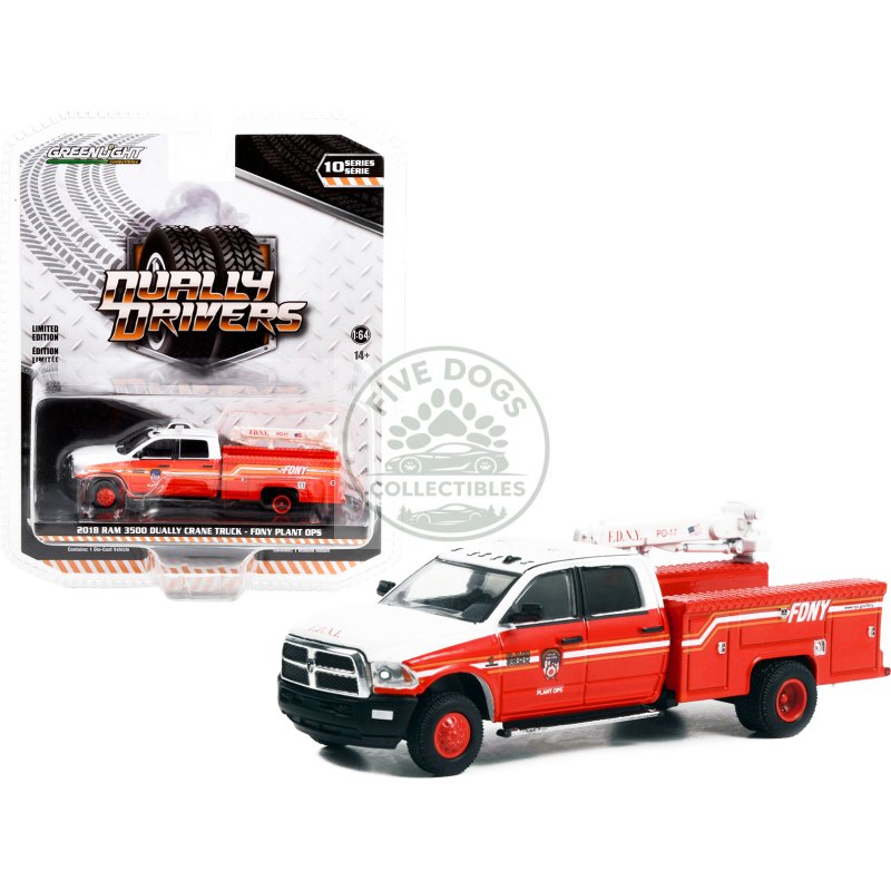 2018 ram 3500 dually crane truck red and white with stripes "fdny (fire department of the city of new york) plant ops" "dually drivers" series 10 1/64 diecast model car by greenlight