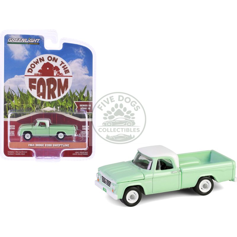 1964 dodge d 200 sweptline pickup truck turf green with white top "down on the farm" series 10 1/64 diecast model by greenlight