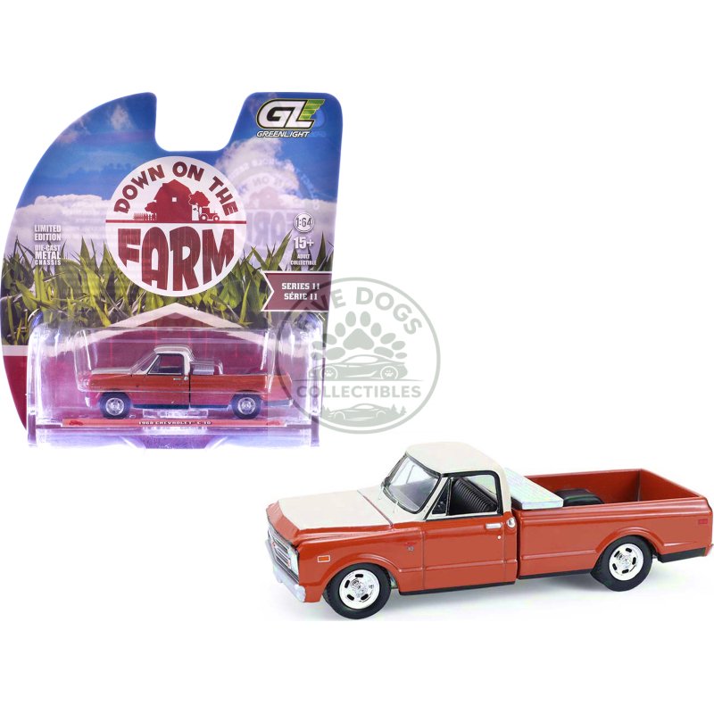 1968 chevrolet c 10 pickup truck with toolbox orange and beige "down on the farm" series 11 1/64 diecast model by greenlight