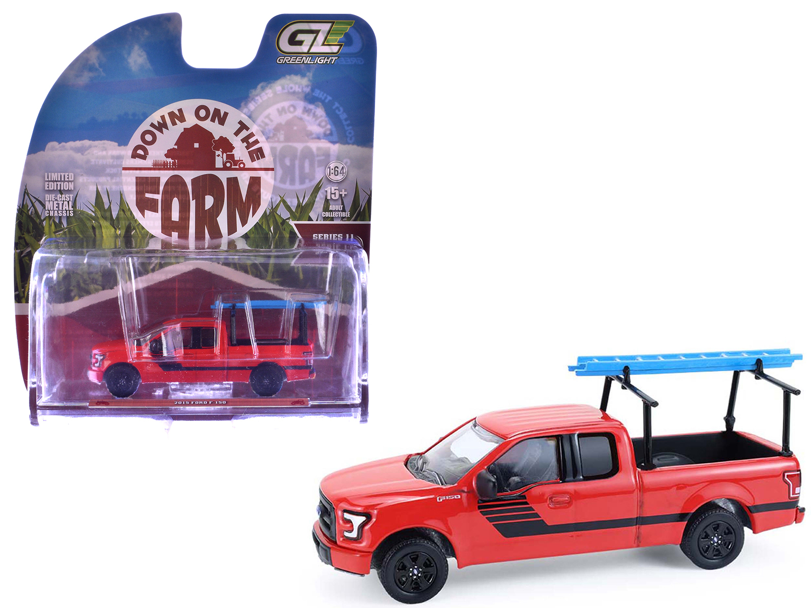 2015 ford f 150 pickup truck with ladder rack red with black stripes "down on the farm" series 11 1/64 diecast model by greenlight 2015 ford f 150 pickup truck with ladder rack red with black stripes "down on the farm" series 11 1/64 diecast model by greenlight