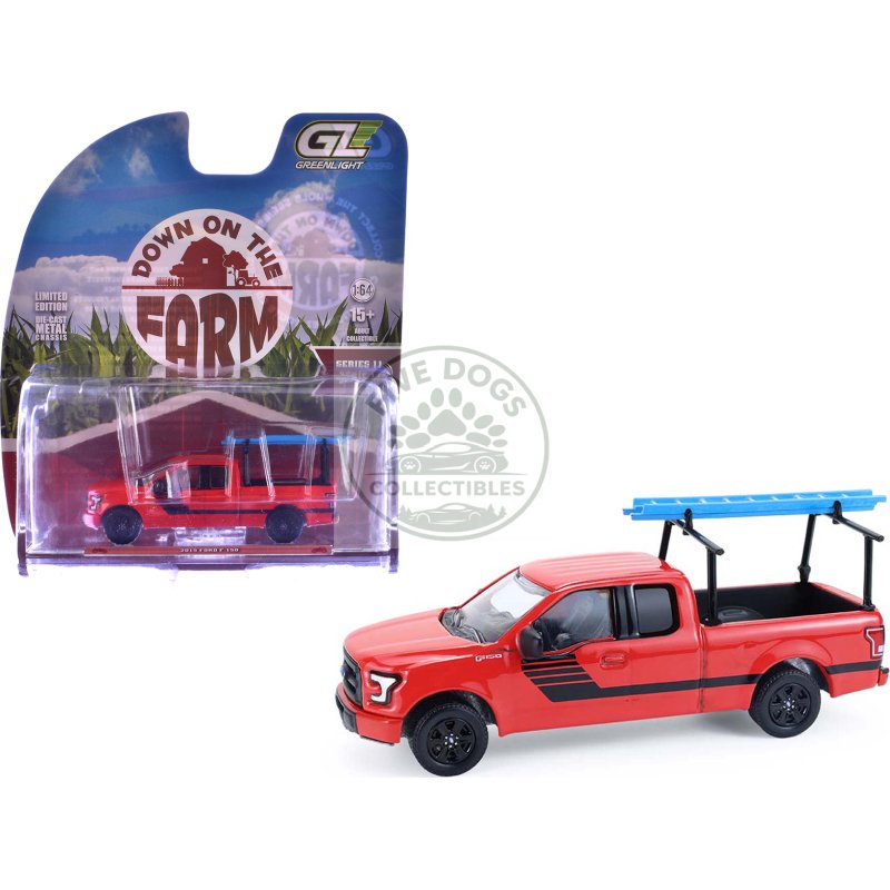 2015 ford f 150 pickup truck with ladder rack red with black stripes "down on the farm" series 11 1/64 diecast model by greenlight
