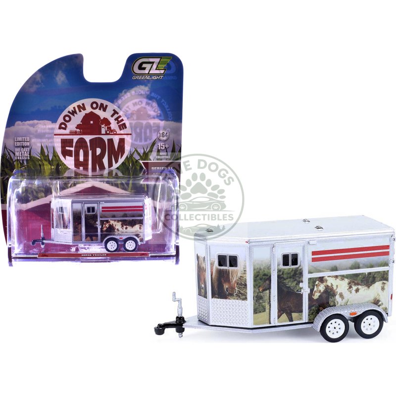 horse trailer silver with custom horse wrap "down on the farm" series 11 1/64 diecast model by greenlight
