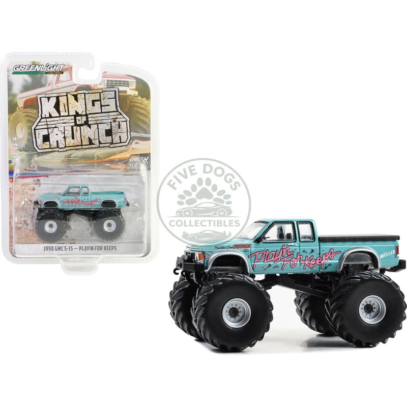 1990 gmc s 15 monster truck light blue "playin' for keeps" "kings of crunch" series 14 1/64 diecast model car by greenlight