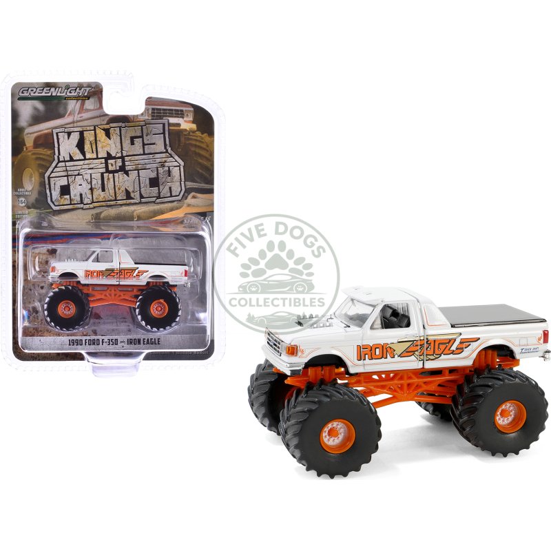1990 ford f 350 monster truck white "iron eagle" "kings of crunch" series 15 1/64 diecast model car by greenlight