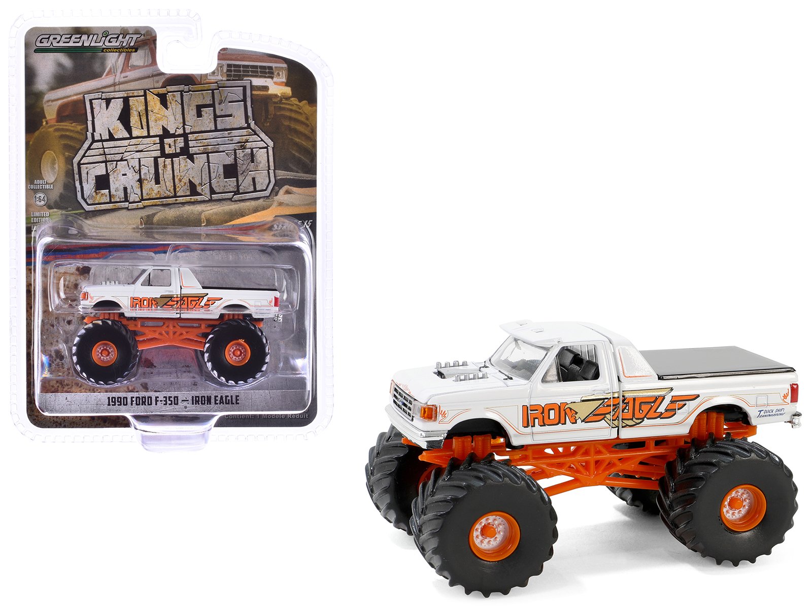1990 ford f 350 monster truck white "iron eagle" "kings of crunch" series 15 1/64 diecast model car by greenlight 1990 ford f 350 monster truck white "iron eagle" "kings of crunch" series 15 1/64 diecast model car by greenlight