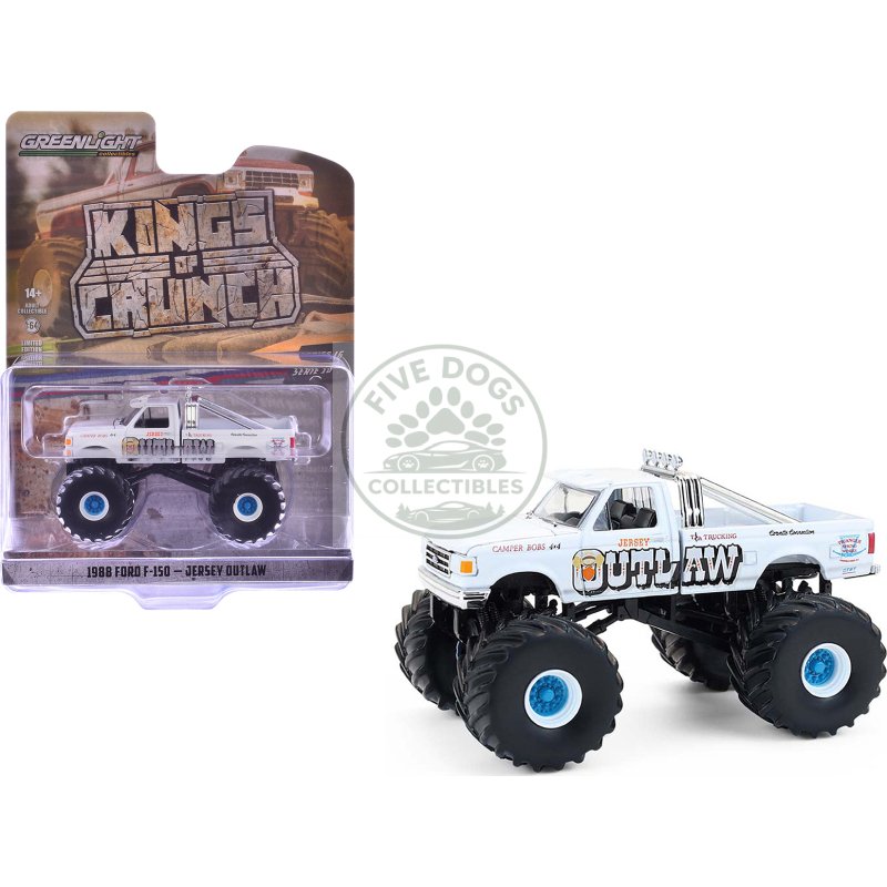 1988 ford f 150 monster truck "jersey outlaw" white "kings of crunch" series 16 1/64 diecast model car by greenlight