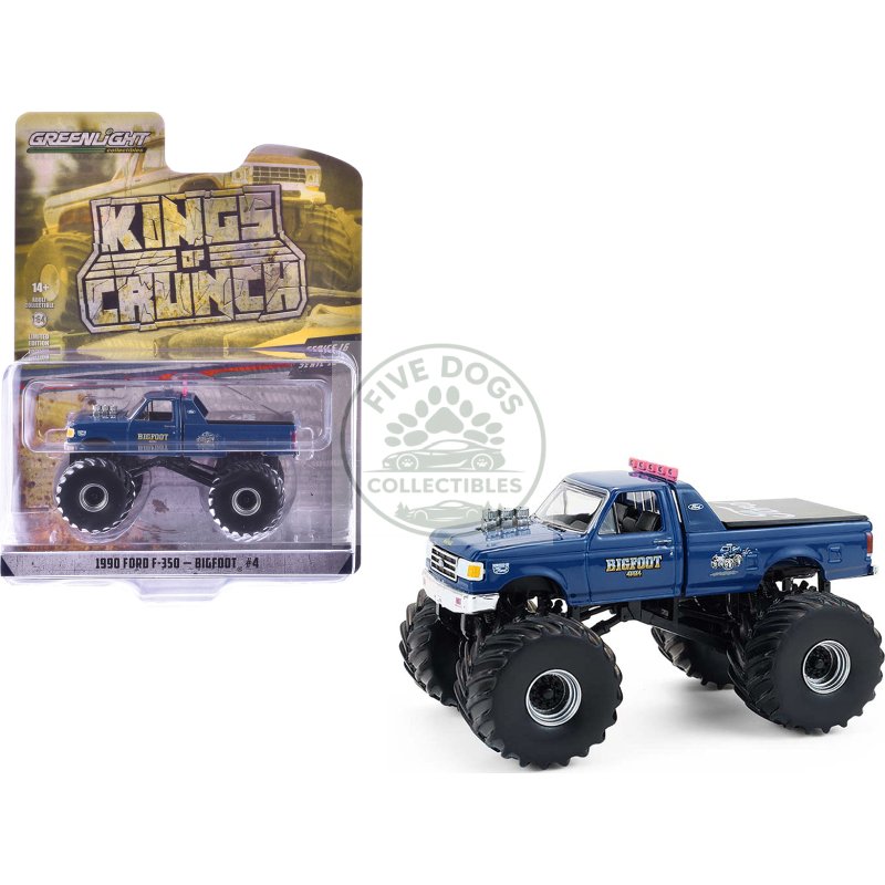 1990 ford f 350 monster truck "bigfoot #4" blue "kings of crunch" series 16 1/64 diecast model car by greenlight