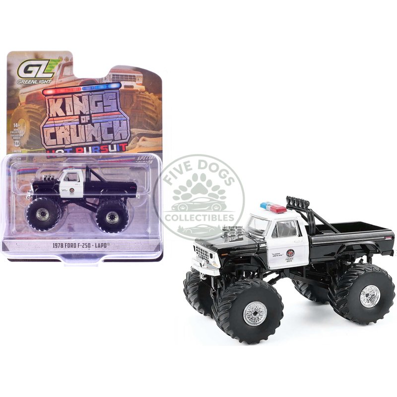 1978 ford f 250 monster truck "lapd (los angeles police department)" black and white "kings of crunch hot pursuit" special edition 1/64 diecast model car by greenlight