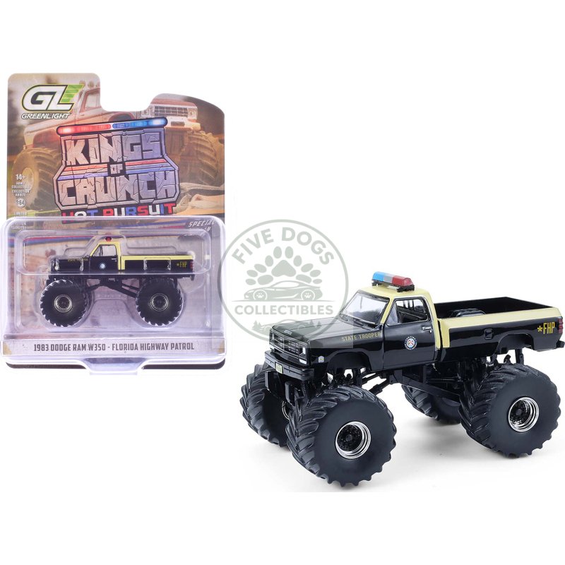 1983 dodge ram w350 monster truck "florida highway patrol" black with cream top and stripes "kings of crunch hot pursuit" special edition 1/64 diecast model car by greenlight