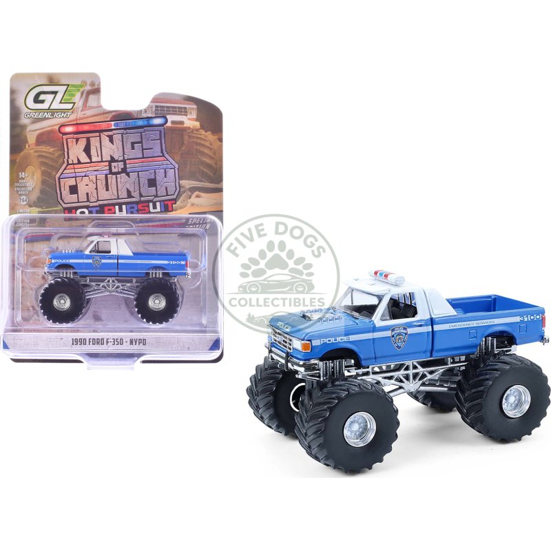 1990 ford f 350 monster truck "nypd (new york police department)" blue with white top "kings of crunch hot pursuit" special edition 1/64 diecast model car by greenlight