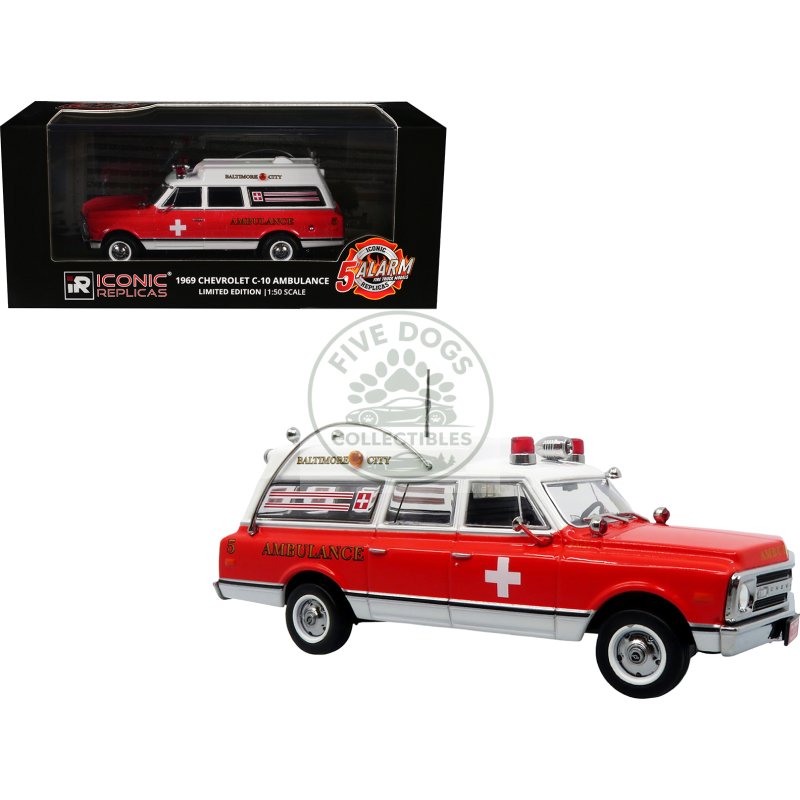 1969 chevrolet c 10 ambulance "baltimore city fire department" white and red "5 alarm" series limited edition 1/50 diecast model by iconic replicas