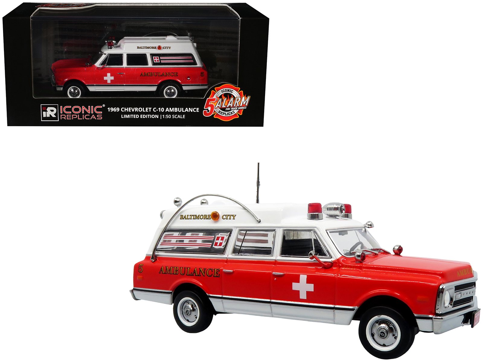1969 chevrolet c 10 ambulance "baltimore city fire department" white and red "5 alarm" series limited edition 1/50 diecast model by iconic replicas 1969 chevrolet c 10 ambulance "baltimore city fire department" white and red "5 alarm" series limited edition 1/50 diecast model by iconic replicas