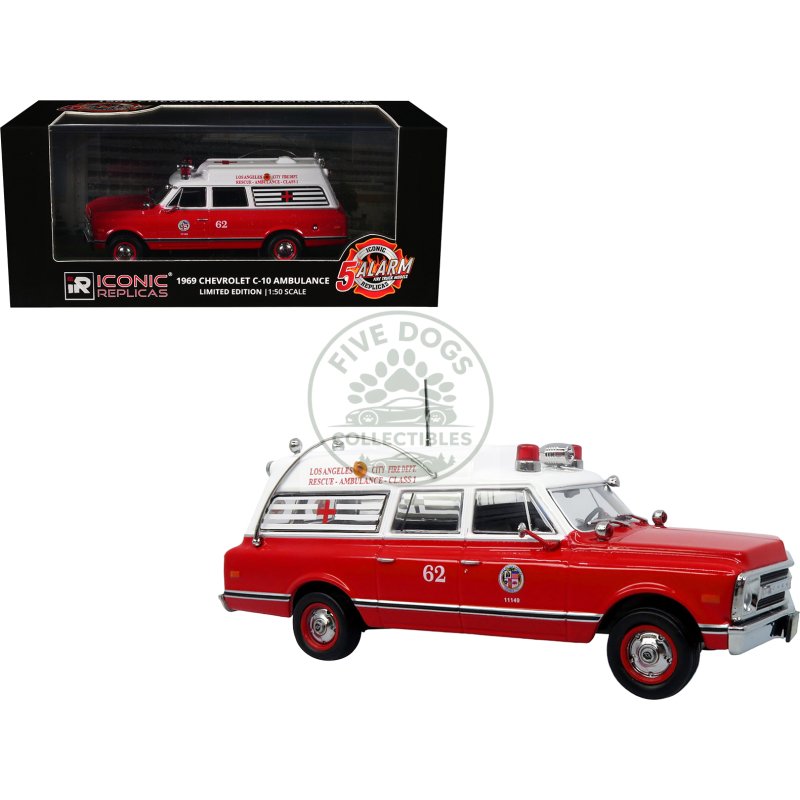 1969 chevrolet c 10 ambulance "los angeles city fire department" red and white "5 alarm" series limited edition 1/50 diecast model by iconic replicas