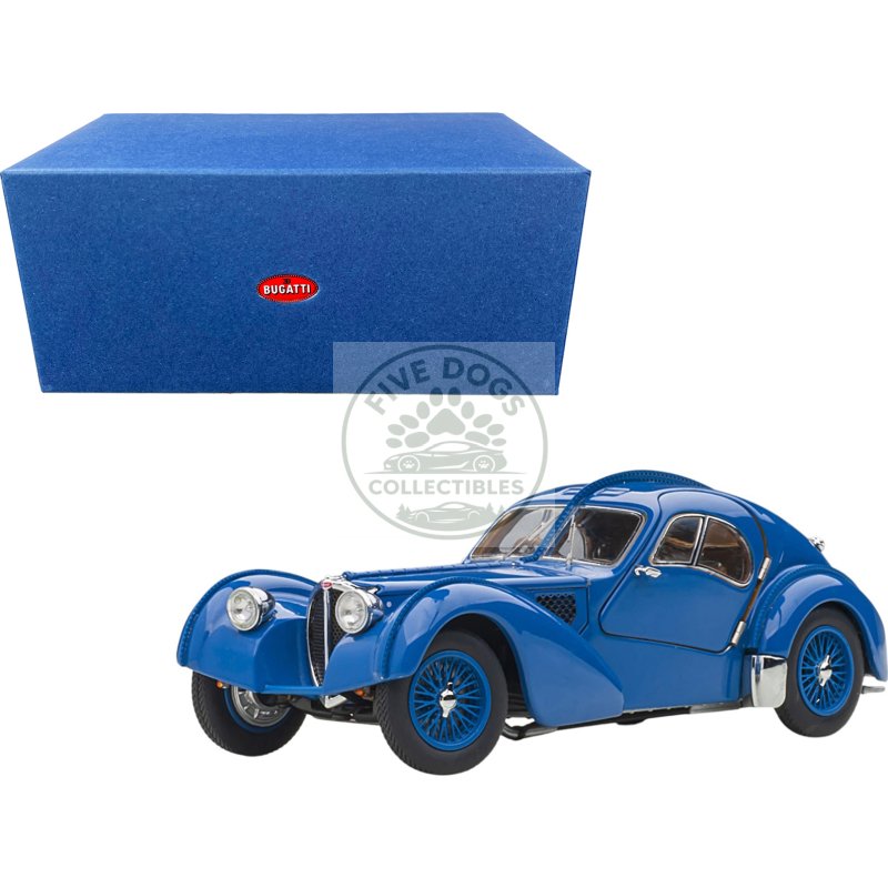 1938 bugatti type 57sc atlantic with metal wire spoke wheels blue 1/43 diecast model car by autoart