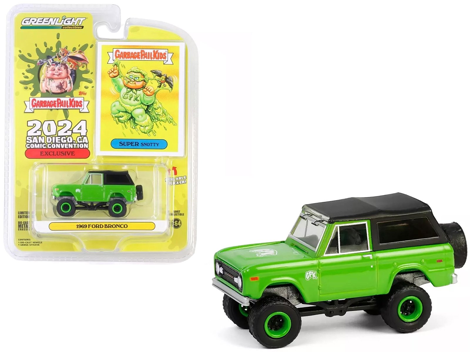 1969 ford bronco "garbage pail kids: super snotty" green with black top "san diego comic con 2024 exclusive" 1/64 diecast model car by greenlight 1969 ford bronco "garbage pail kids: super snotty" green with black top "san diego comic con 2024 exclusive" 1/64 diecast model car by greenlight