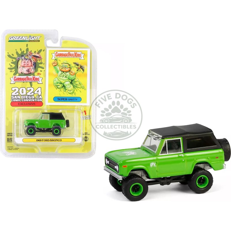1969 ford bronco "garbage pail kids: super snotty" green with black top "san diego comic con 2024 exclusive" 1/64 diecast model car by greenlight