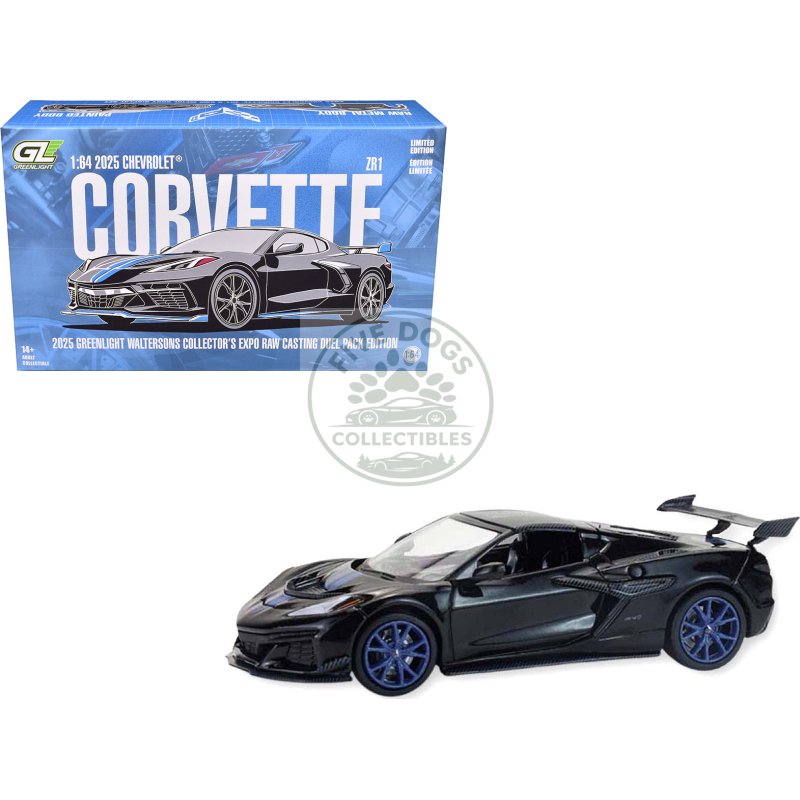 2025 chevrolet corvette c8 zr1 black with blue stripes with raw casting dual pack "2025 greenlight waltersons collector's expo exclusive" 1/64 diecast model car by greenlight