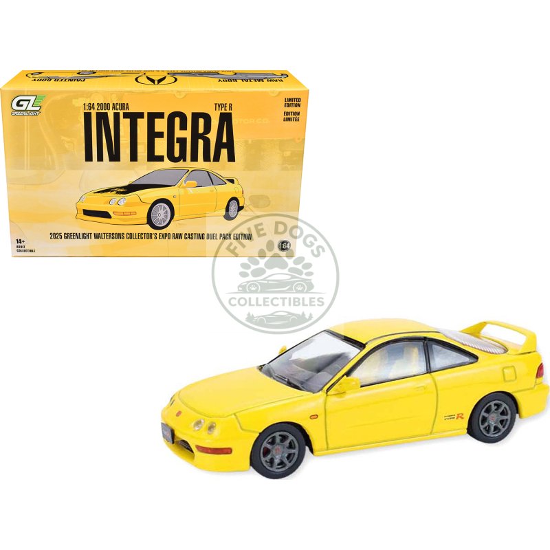 2000 acura integra type r yellow with raw casting dual pack "2025 greenlight waltersons collector's expo exclusive" 1/64 diecast model car by greenlight