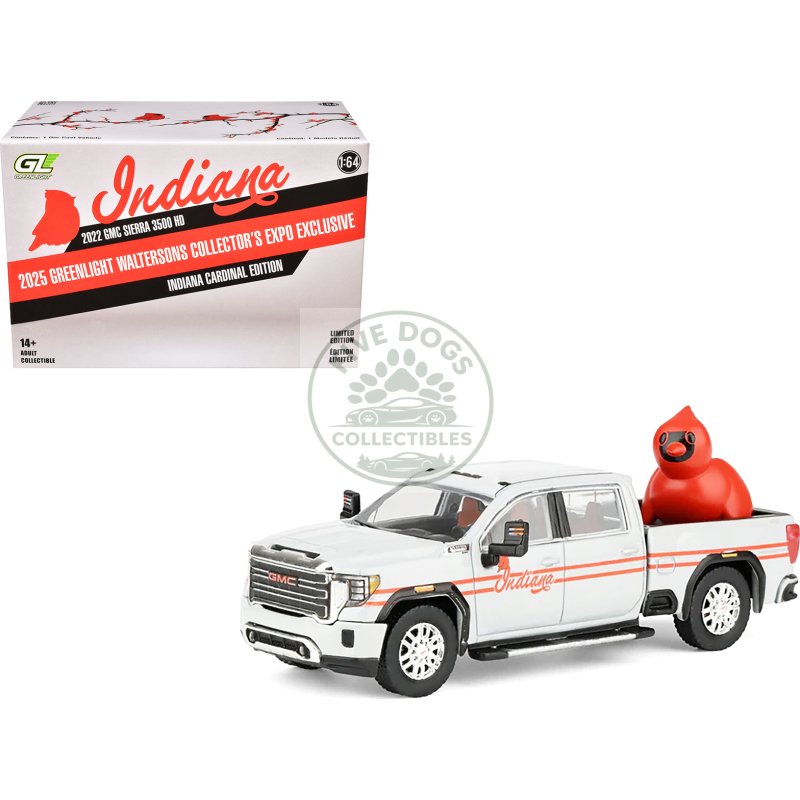 2022 gmc sierra 3500 hd pickup truck "indiana cardinals" silver metallic with red stripes and cardinal figure "2025 greenlight waltersons collector's expo exclusive" 1/64 diecast model car by greenlight