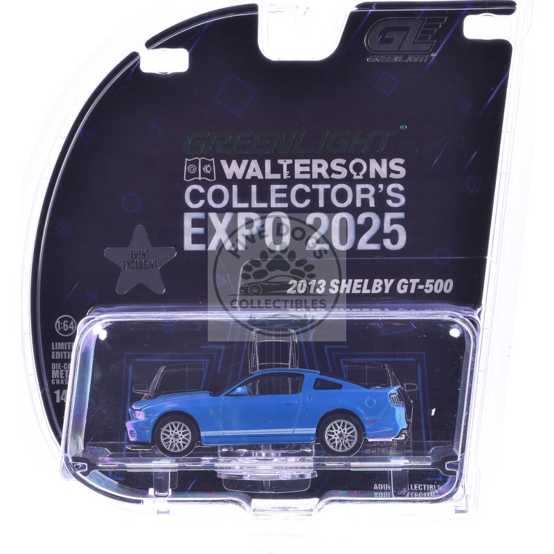 2013 shelby gt 500 blue with white stripes "2025 greenlight waltersons collector's expo exclusive" 1/64 diecast model car by greenlight