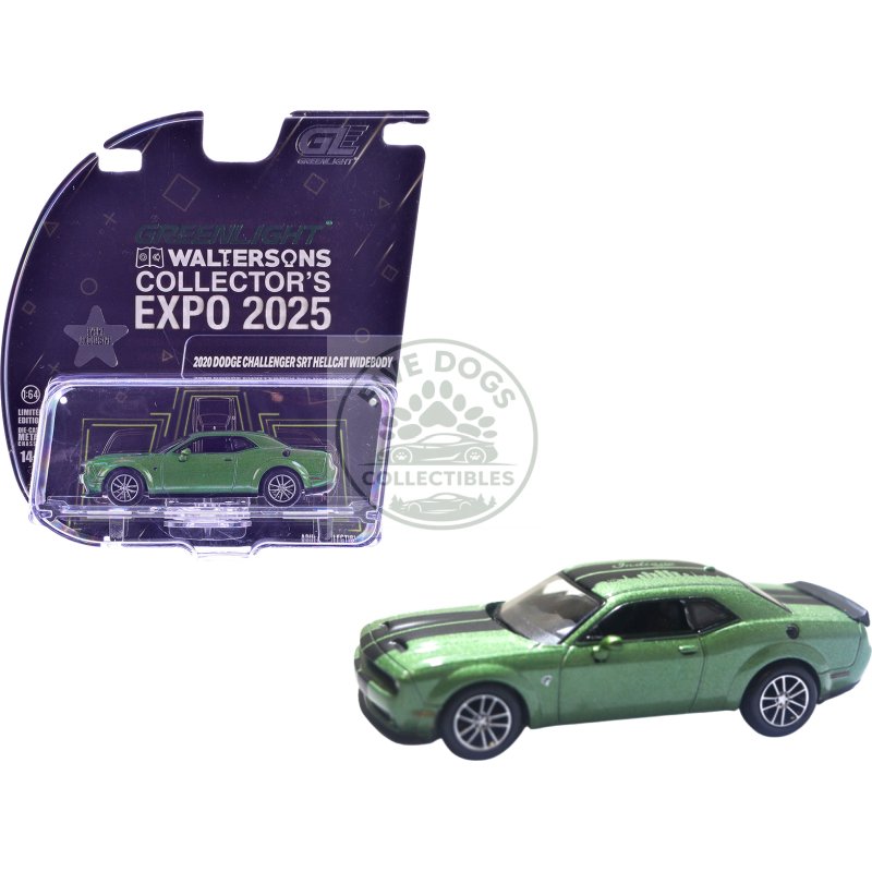 2020 dodge challenger srt hellcat widebody f8 green metallic with black indiana stripes "2025 greenlight waltersons collector's expo exclusive" 1/64 diecast model car by greenlight