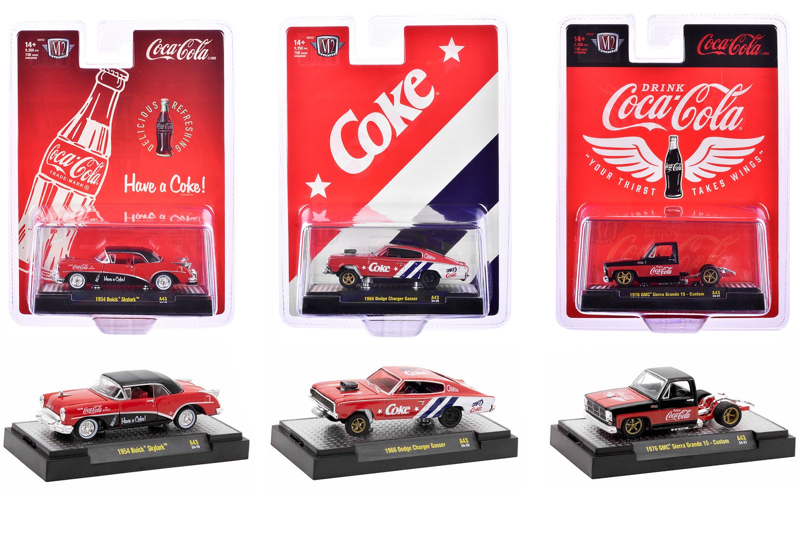 "coca cola" set of 3 pieces release 43 limited edition to 10000 pieces worldwide 1/64 diecast model cars by m2 machines "coca cola" set of 3 pieces release 43 limited edition to 10000 pieces worldwide 1/64 diecast model cars by m2 machines
