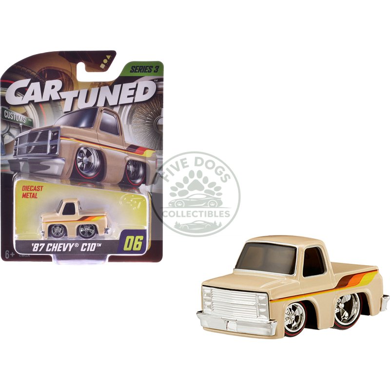 1987 chevrolet c10 pickup truck beige with stripes "customs" series 3 diecast model car by cartuned