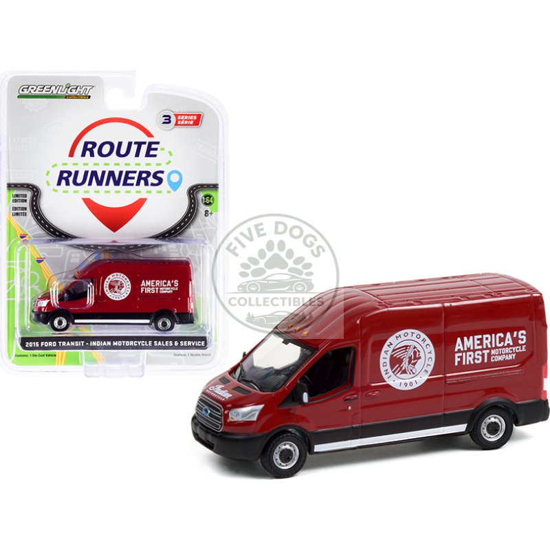 2015 ford transit lwb high roof van burgundy "indian motorcycle sales & service" "route runners" series 3 1/64 diecast model by greenlight