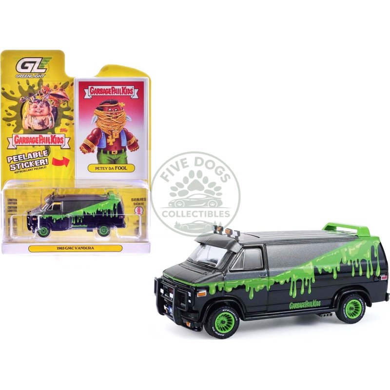 1983 gmc vandura van gray metallic and black with green slime graphics "petey da fool" "garbage pail kids" series 8 1/64 diecast model car by greenlight