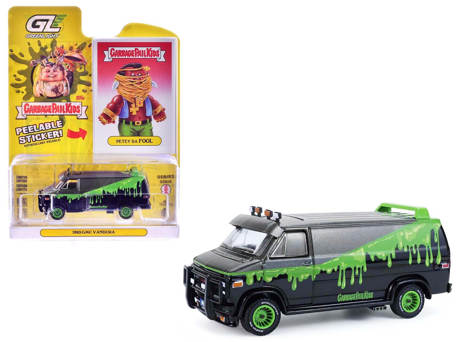 1983 gmc vandura van gray metallic and black with green slime graphics "petey da fool" "garbage pail kids" series 8 1/64 diecast model car by greenlight 1983 gmc vandura van gray metallic and black with green slime graphics "petey da fool" "garbage pail kids" series 8 1/64 diecast model car by greenlight